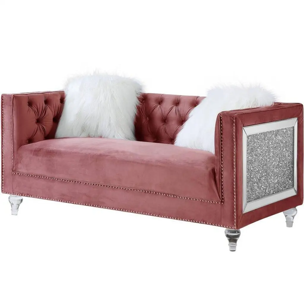 Bowery Hill Contemporary Loveseat 2 pillows Pink Velvet