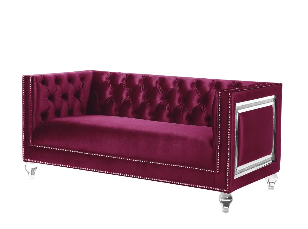 DeeHome ACME Heibero Loveseat 2 Pillows Burgundy Velvet Sofa Living Room