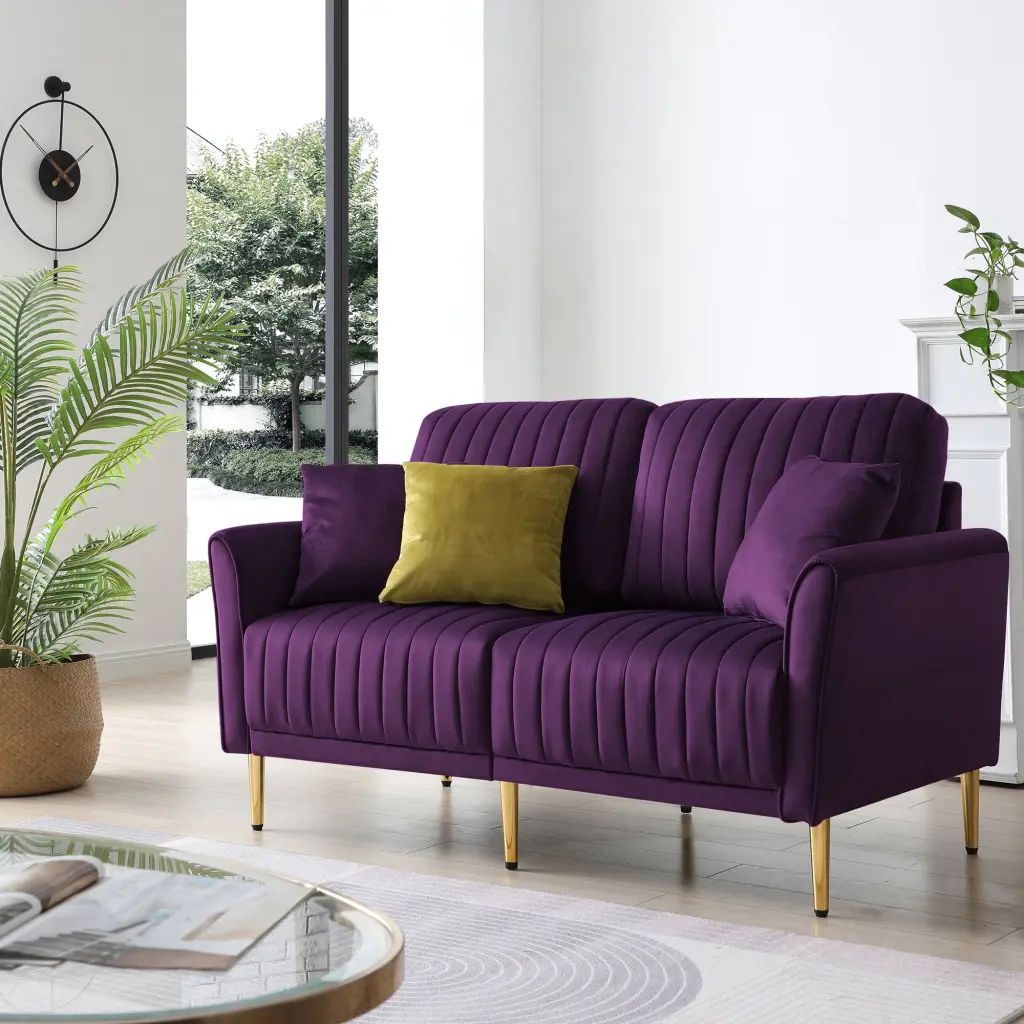 DeeHome Eggplant Velvet Round Arm Loveseat 2 Seat Sofa 2 Throw Pillows