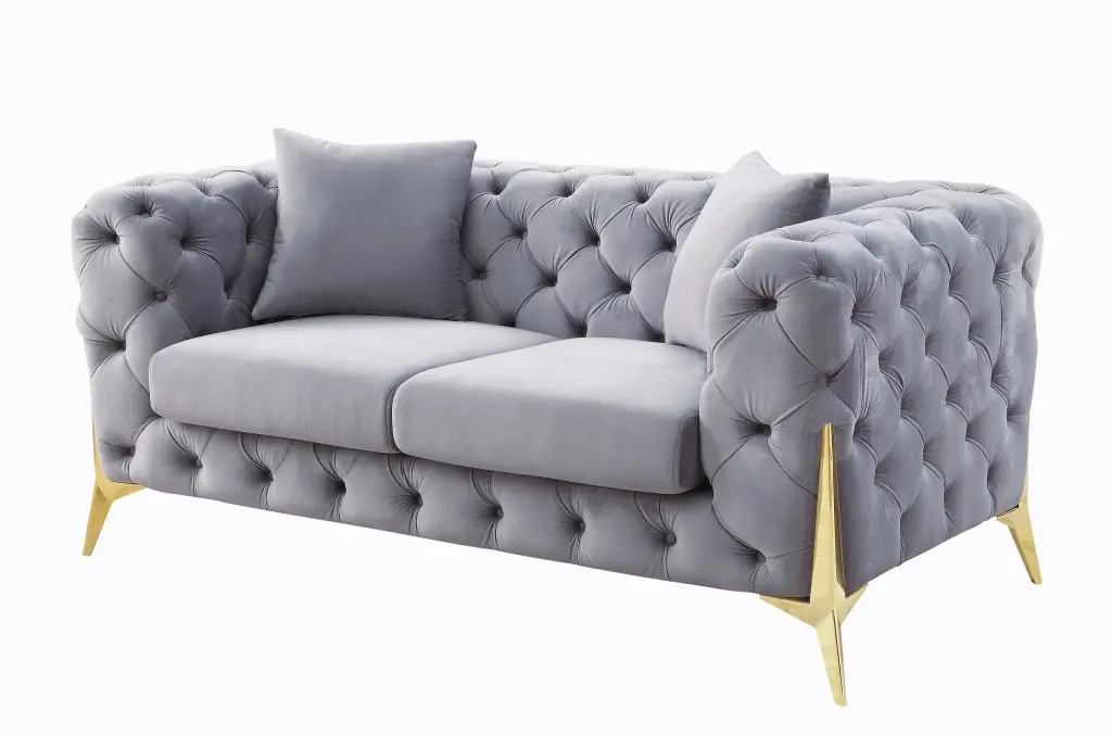 DeeHome Jelanea Loveseat 2 Pillows Gray Velvet and Gold Finish LV01407