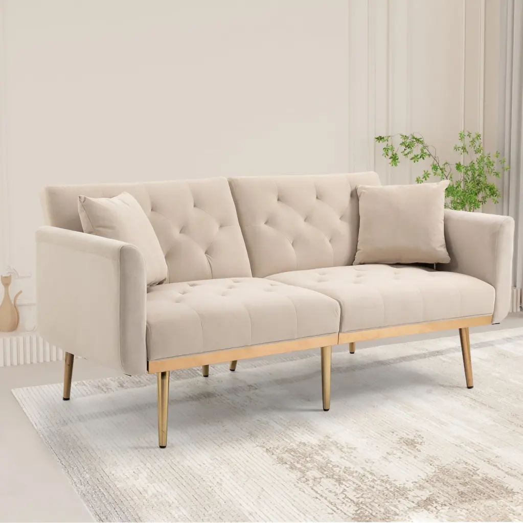 Elegant Beige Velvet Loveseat Sofa Rose Gold Metal Feet Modern 2-Seater Small Spaces HATNOKIL