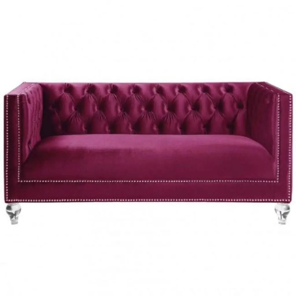 HomeRoots 67 Inch Tufted Velvet Bling and Acrylic Love Seat Burgundy