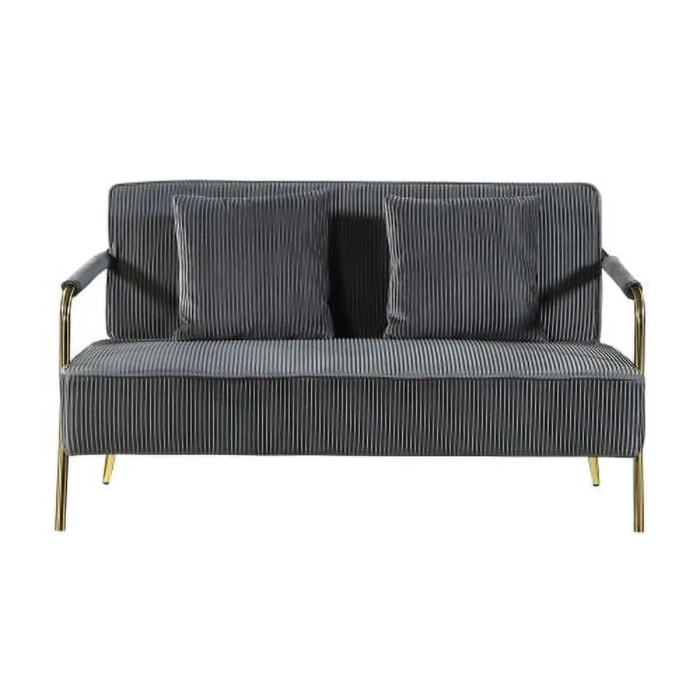 56 Width Modern Upholstered Pleated Velvet Loveseat Gold Metal Legs and Throw Pillows Grey Hypeshops