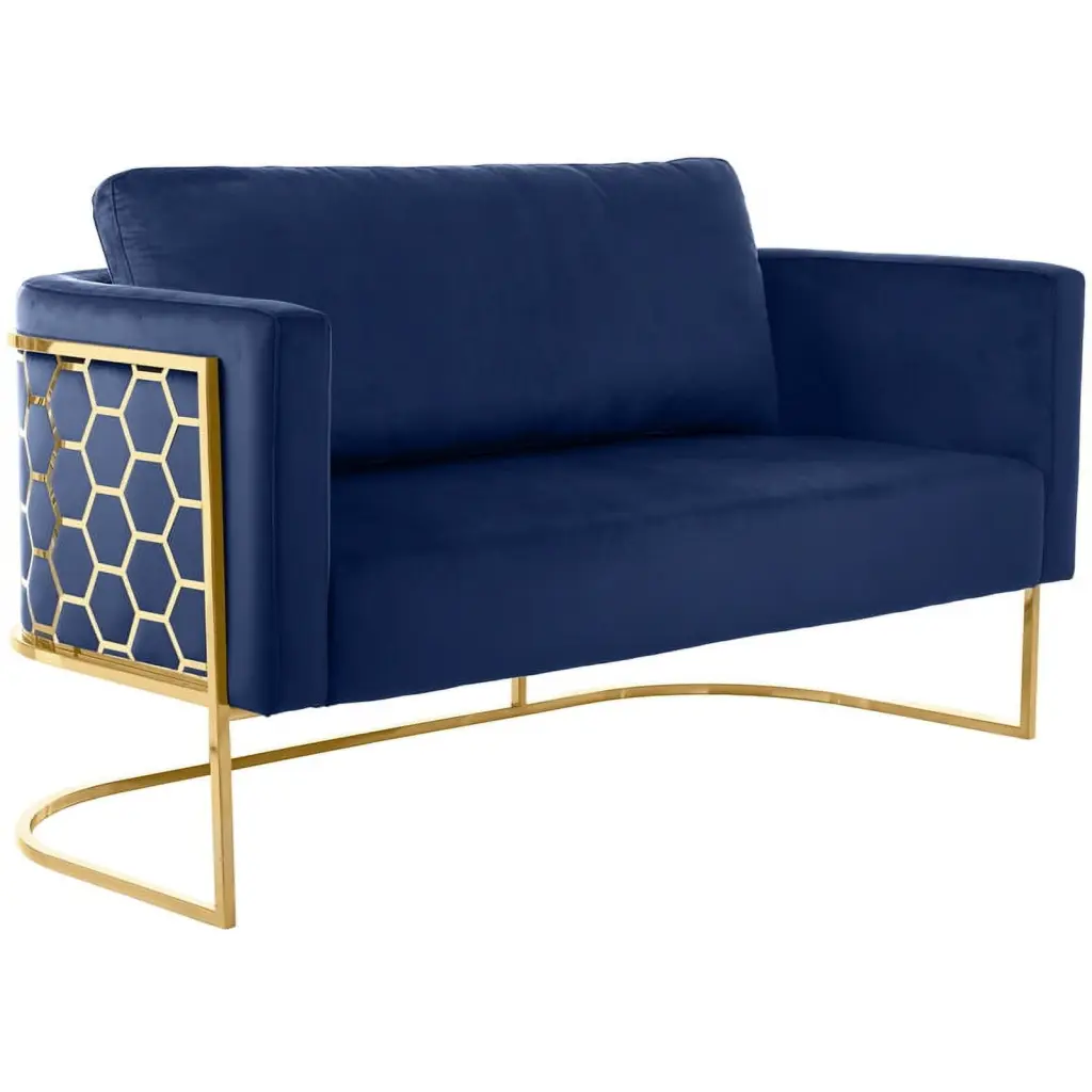 Meridian Furniture Casa Navy Velvet Loveseat Gold Iron Metal Base