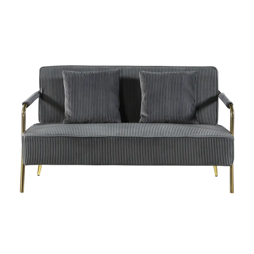 56 Width Modern Upholstered Pleated Velvet Loveseat Gold Metal Legs and Throw Pillows Grey Miekor