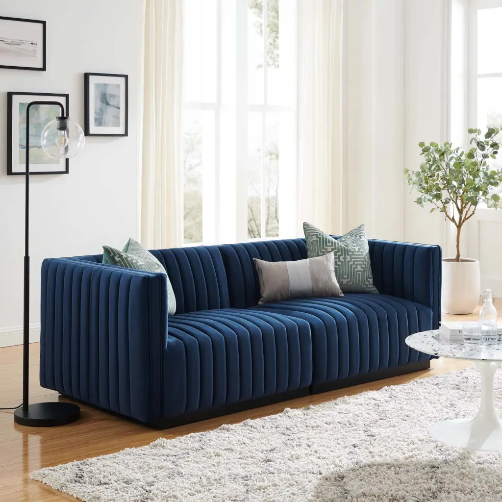 Modway Conjure Channel Tufted Performance Velvet Loveseat Black Midnight Blue