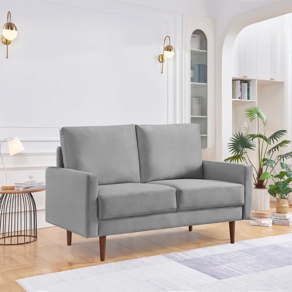 57 Inch Wide Upholstered Two Cushion Loveseat Square Arms Grey Velvet OS Home & Office Furniture