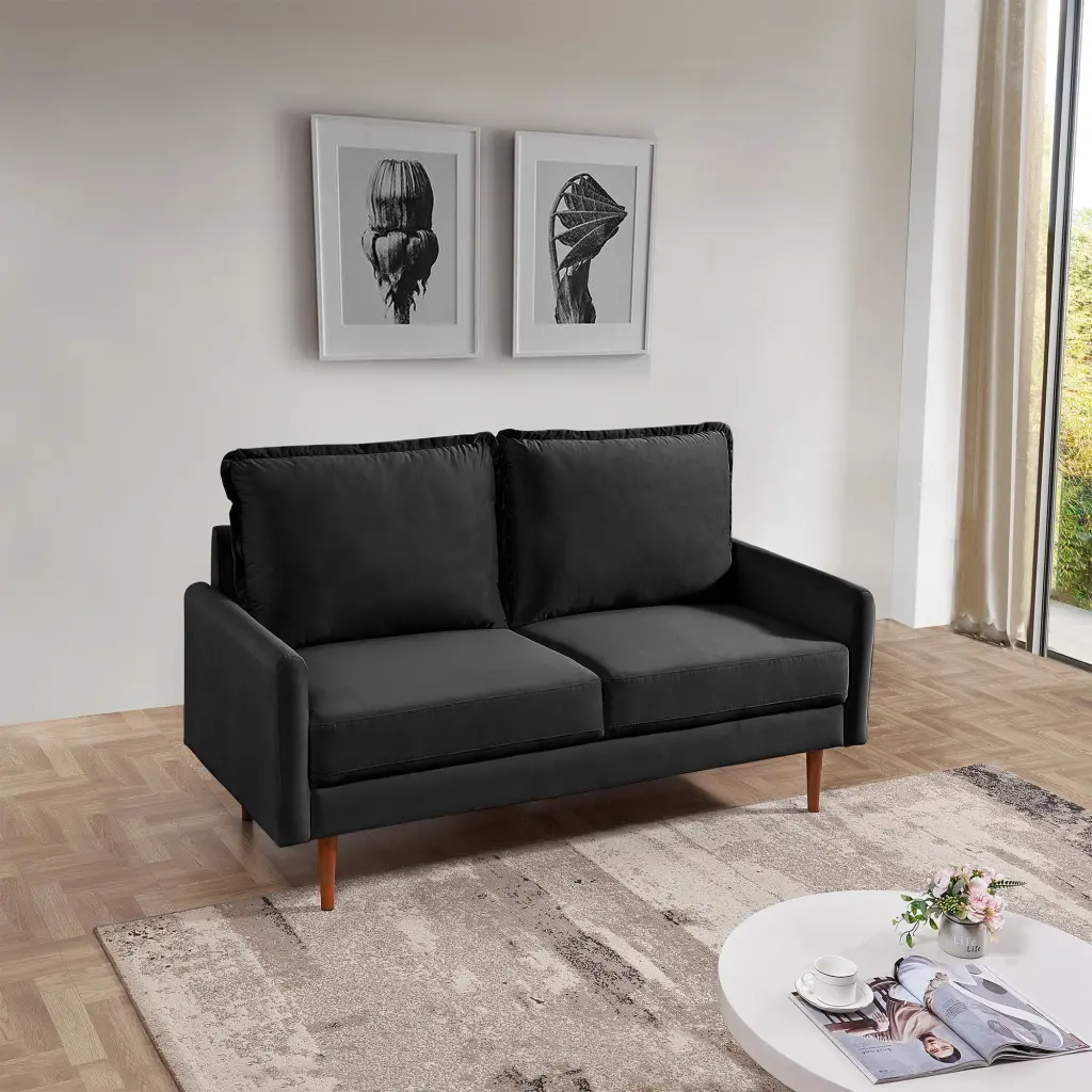 57 Inch Wide Upholstered Two Cushion Loveseat Cambered Arms Black Velvet OS Home & Office Furniture