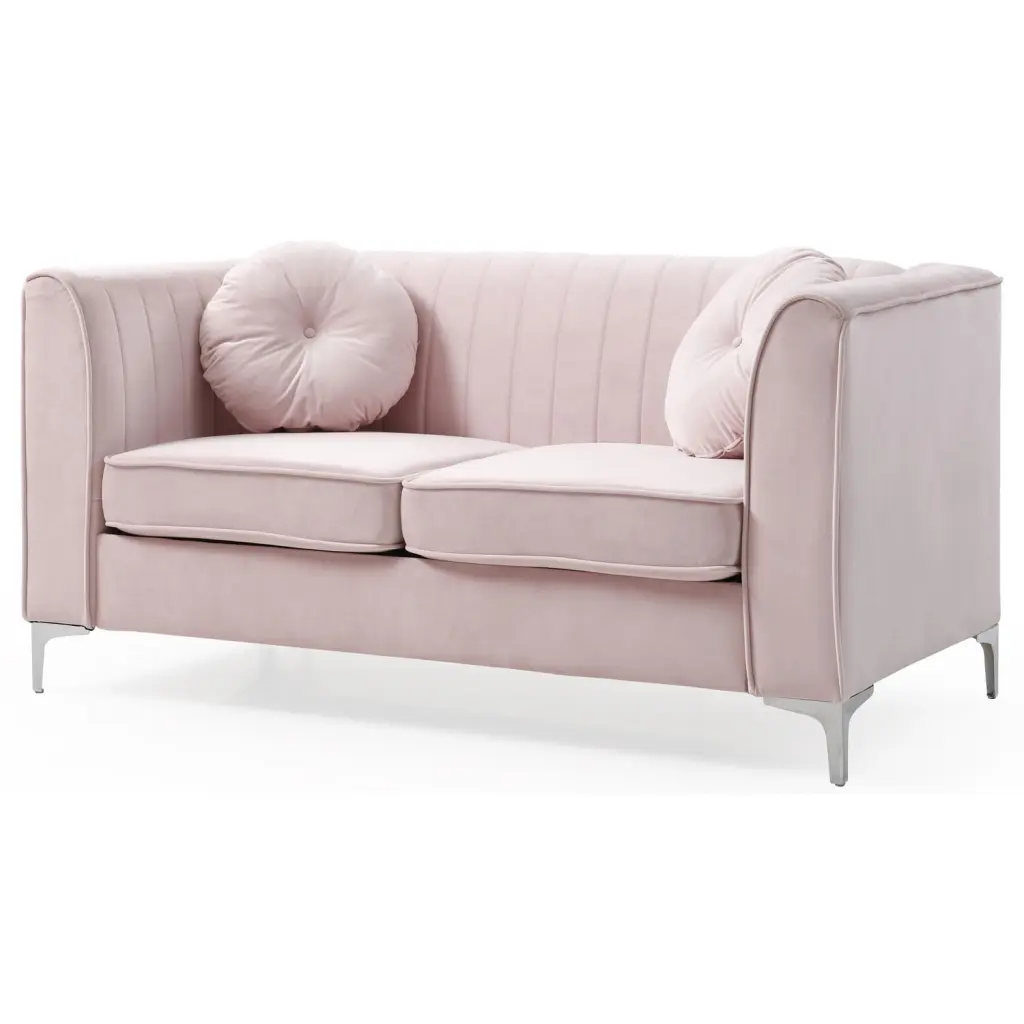 Delray 65 . Pink Tuxedo Arm Velvet Loveseat 2 Throw Pillows Passion Furniture