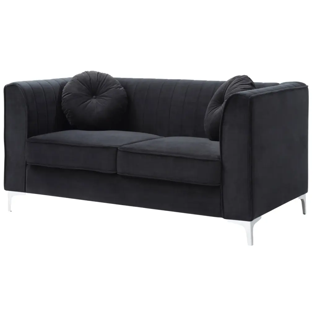 Passion Furniture Delray 65 . Black Tuxedo Arm Velvet Loveseat 2 Throw Pillows
