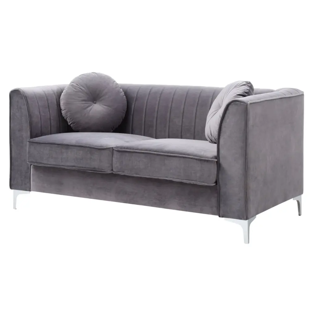 Passion Furniture Delray 65 . Gray Tuxedo Arm Velvet Loveseat 2 Throw Pillows
