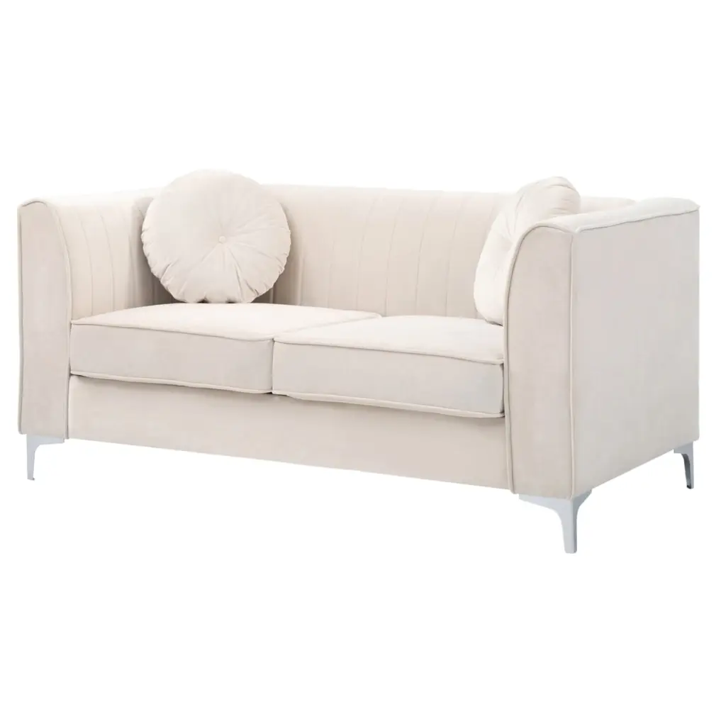 Passion Furniture Delray 65 . Ivory Tuxedo Arm Velvet Loveseat 2 Throw Pillows