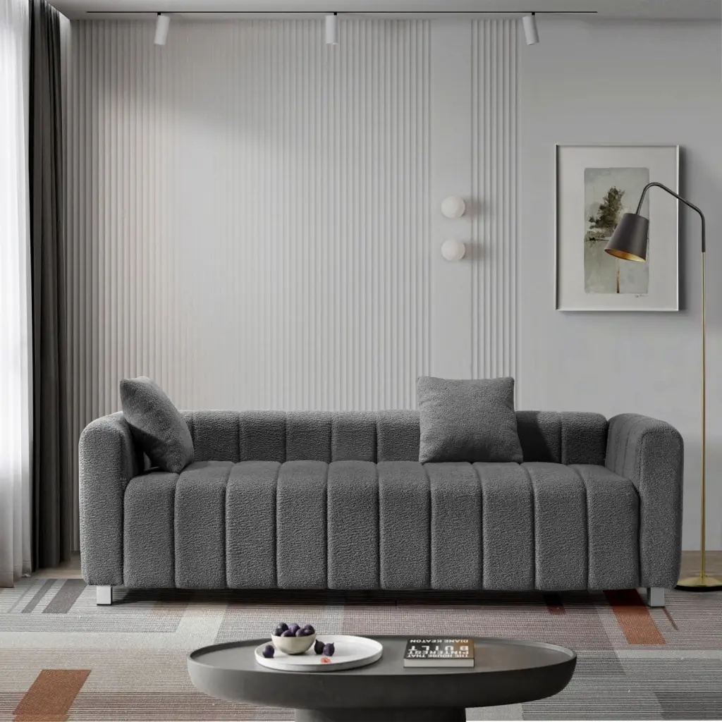 82x30 Modern Teddy Velvet Sofa Striped Decoration and 2 Pillows Ponnky