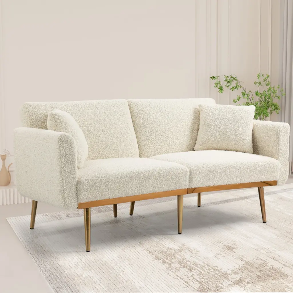 White Teddy Velvet Loveseat Modern Upholstered 2 Seater Deep Seat Compact Design Sturdy Frame Ponnky
