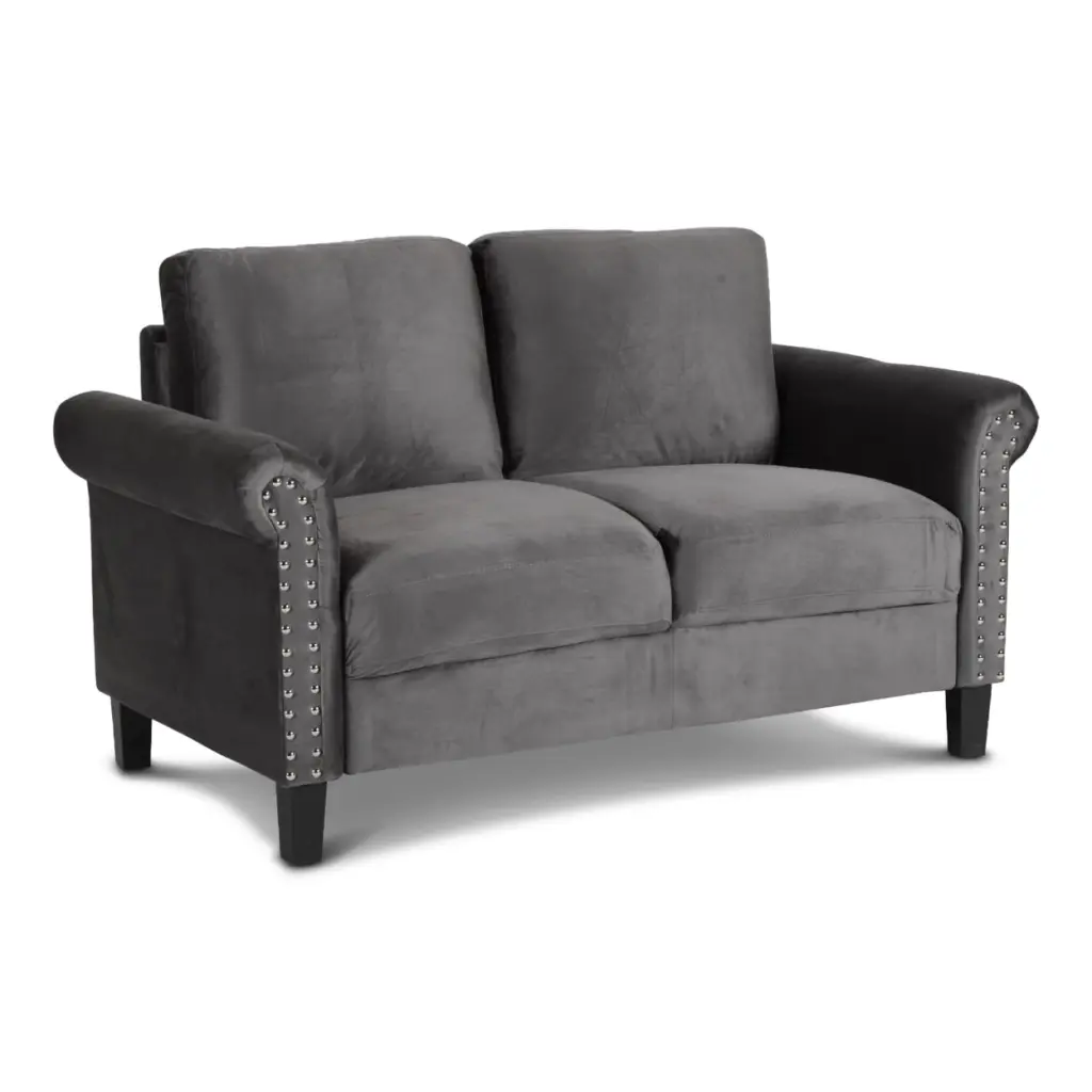 Judy 60 Inch Velvet Upholstered Loveseat Nailhead Trim Gray Saltoro Sherpi