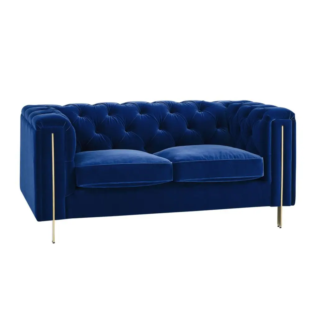 Charlene Blue Velvet Button Tufted Loveseat - Elegant Small Sofa Steve Silver Co.