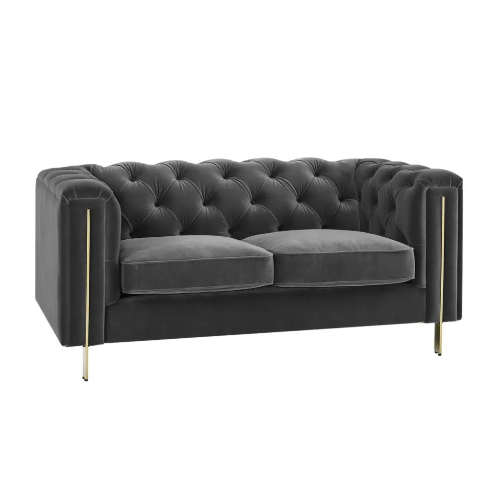Charlene Gray Velvet Button Tufted Loveseat - Elegant Vintage Sofa Steve Silver Company