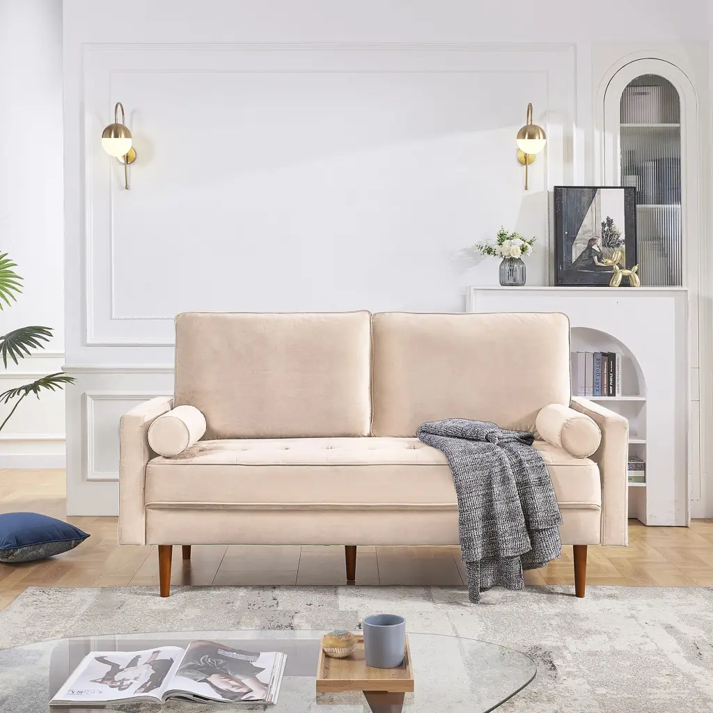 69 Upholstered Sofa Couch Furniture Modern Velvet Loveseat Tufted 3-seater Cushion Bolster Pillows Beige Wobythan