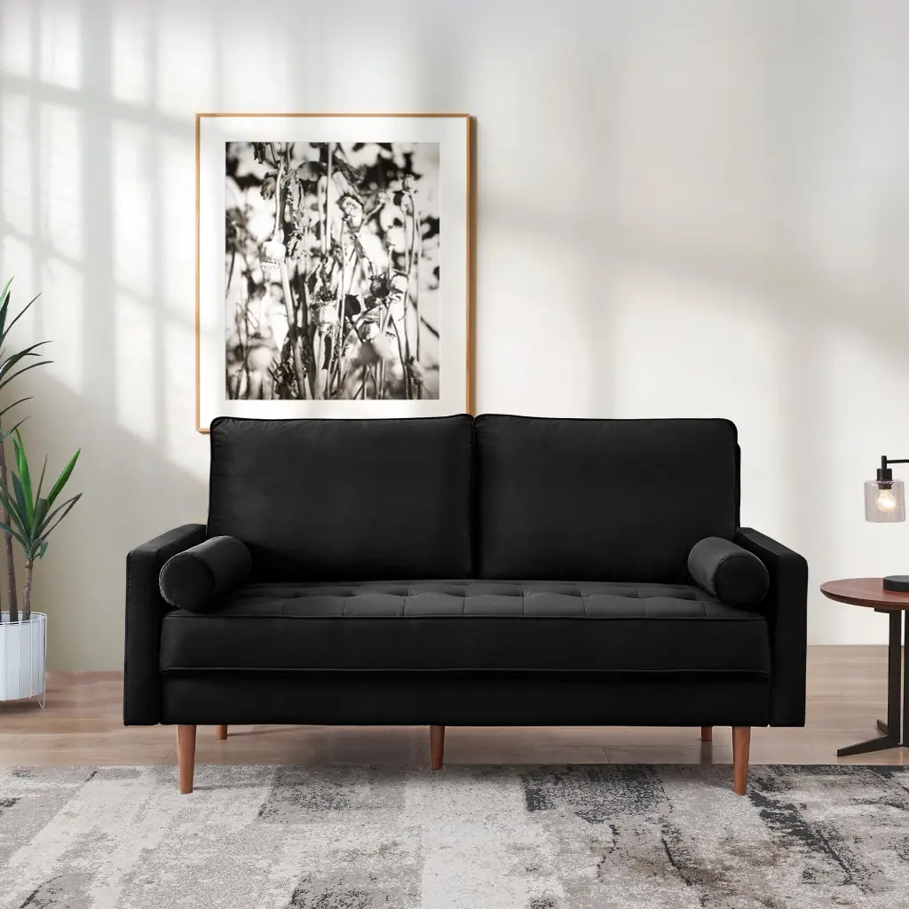 69 Upholstered Sofa Couch Furniture Modern Velvet Loveseat Tufted 3-seater Cushion Bolster Pillows Black Wobythan