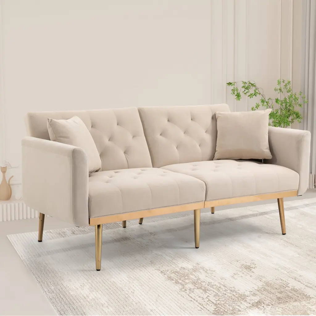 Modern Beige Velvet Loveseat Sofa 2-Seater Rose Gold Metal Feet Small Spaces Wodine
