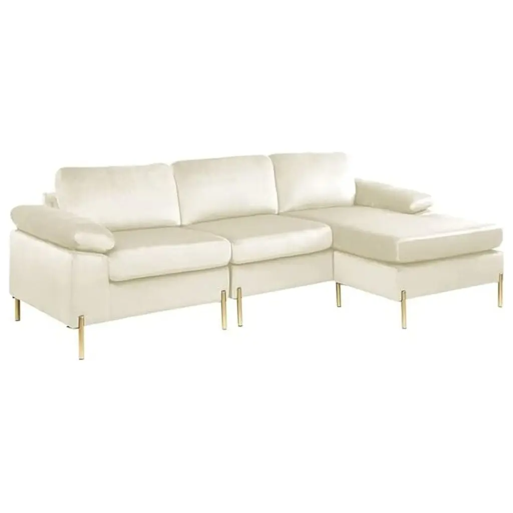 Devion Furniture Modern Velvet Sectional Sofa Beige Gold Legs