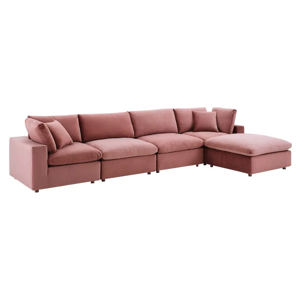 Ergode Commix Down Filled Overstuffed Performance Velvet 5-Piece Sectional Sofa Dusty Rose