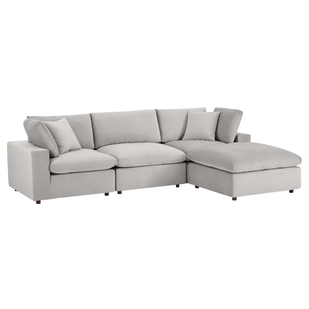 Ergode Commix Down Filled Overstuffed Performance Velvet 4-Piece Sectional Sofa Light Gray
