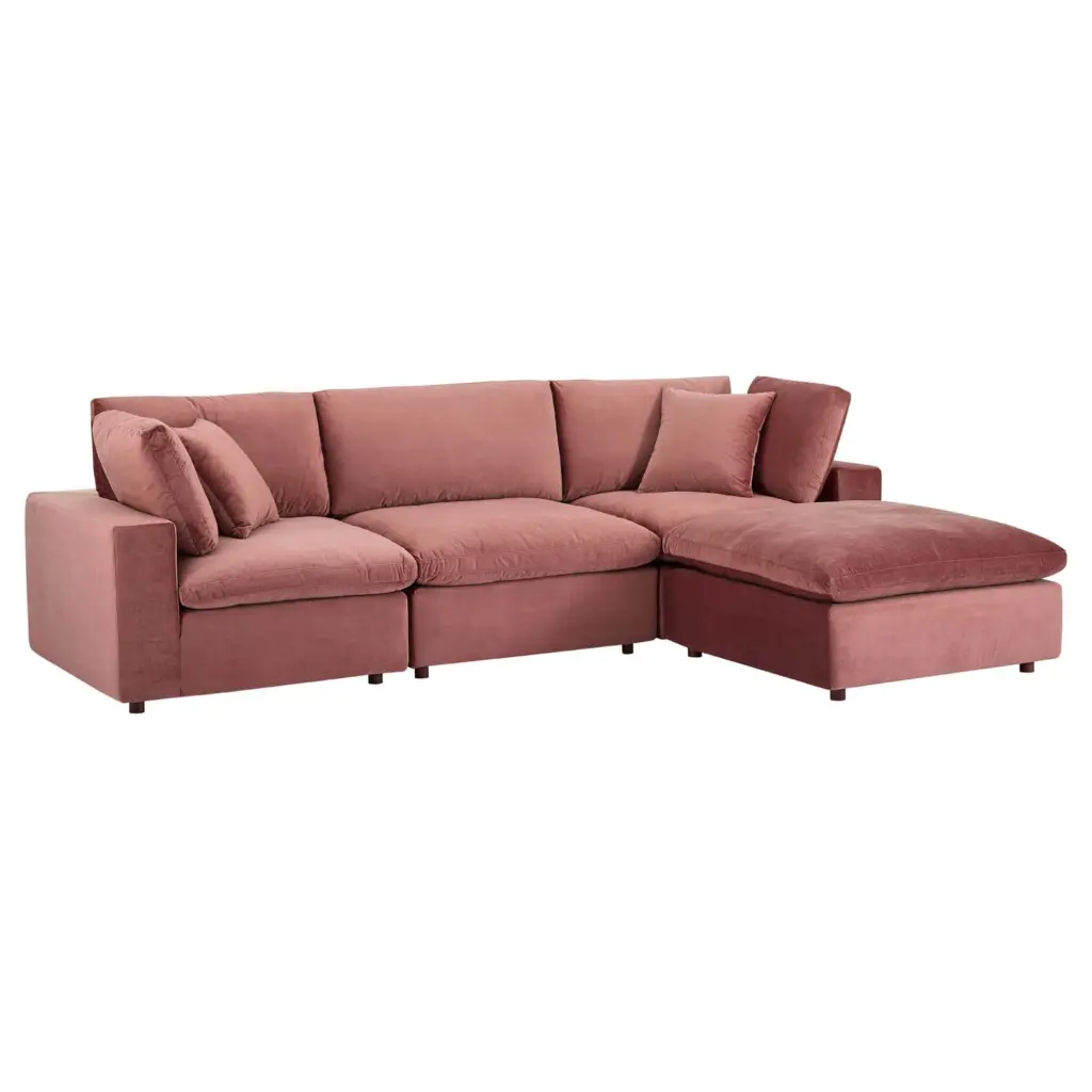 Ergode Commix Down Filled Overstuffed Performance Velvet 4-Piece Sectional Sofa Dusty Rose