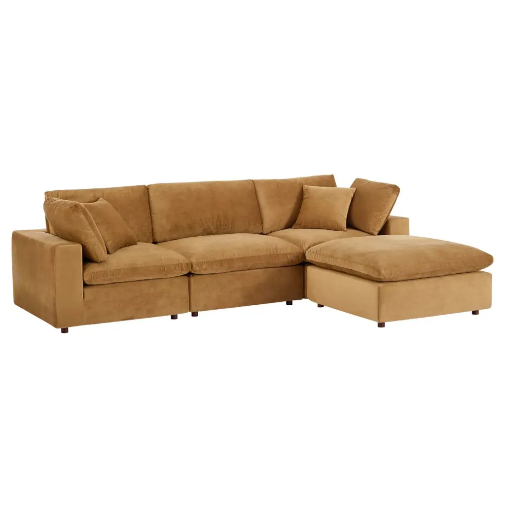 Ergode Commix Down Filled Overstuffed Performance Velvet 4-Piece Sectional Sofa Cognac