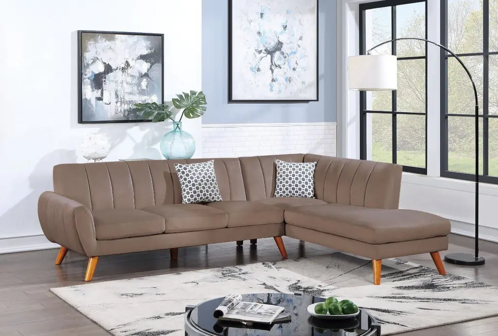 Classic Velvet Fabric 2pc Sectional Set Light Brown Sofa and Chaise Pillows Esofastore