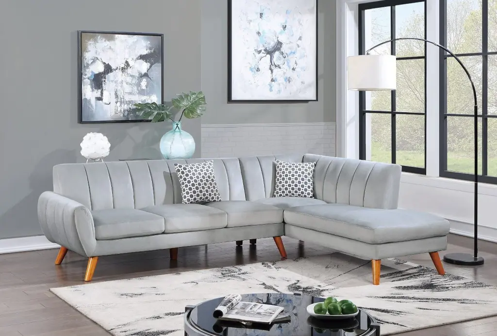 Classic Velvet Fabric 2pc Sectional Set Light Gray Sofa and Chaise Pillows Esofastore