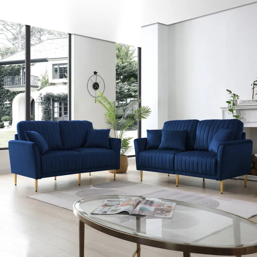 2-Piece Blue Velvet Sectional Sofa Set Tufted Design and Sturdy Metal Legs HATNOKIL