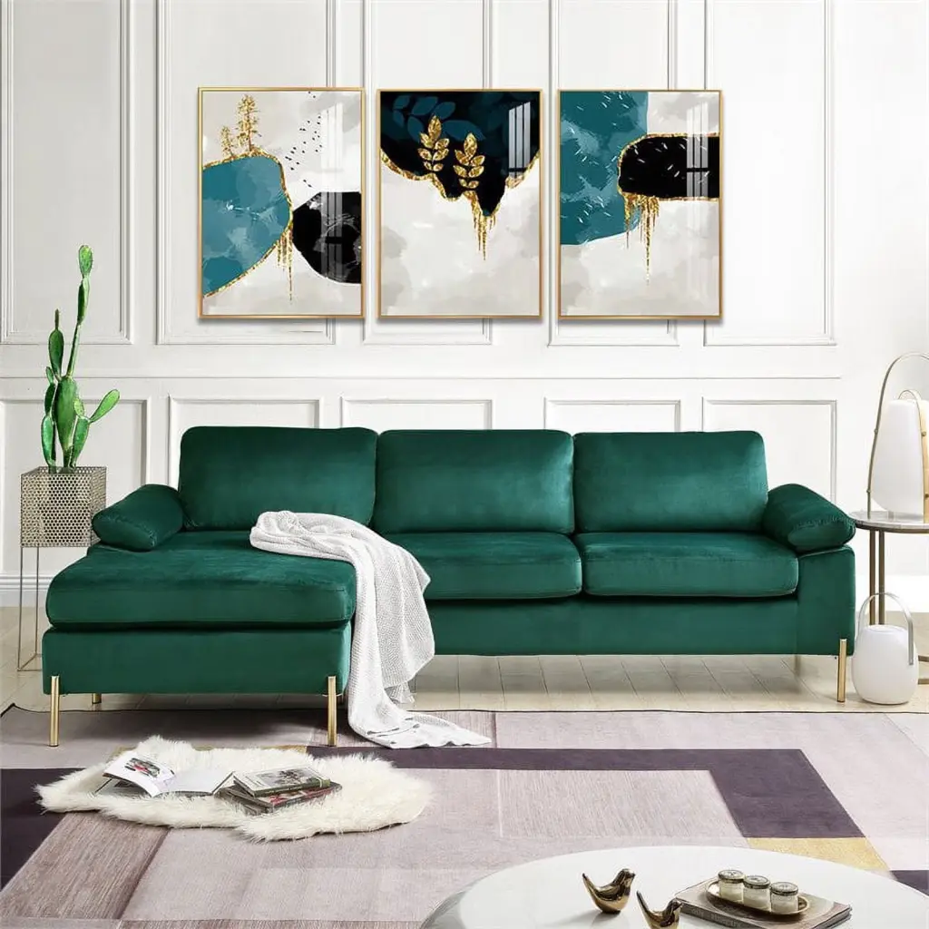 Kingfisher Lane Modern Velvet Sectional Sofa Green Gold Legs