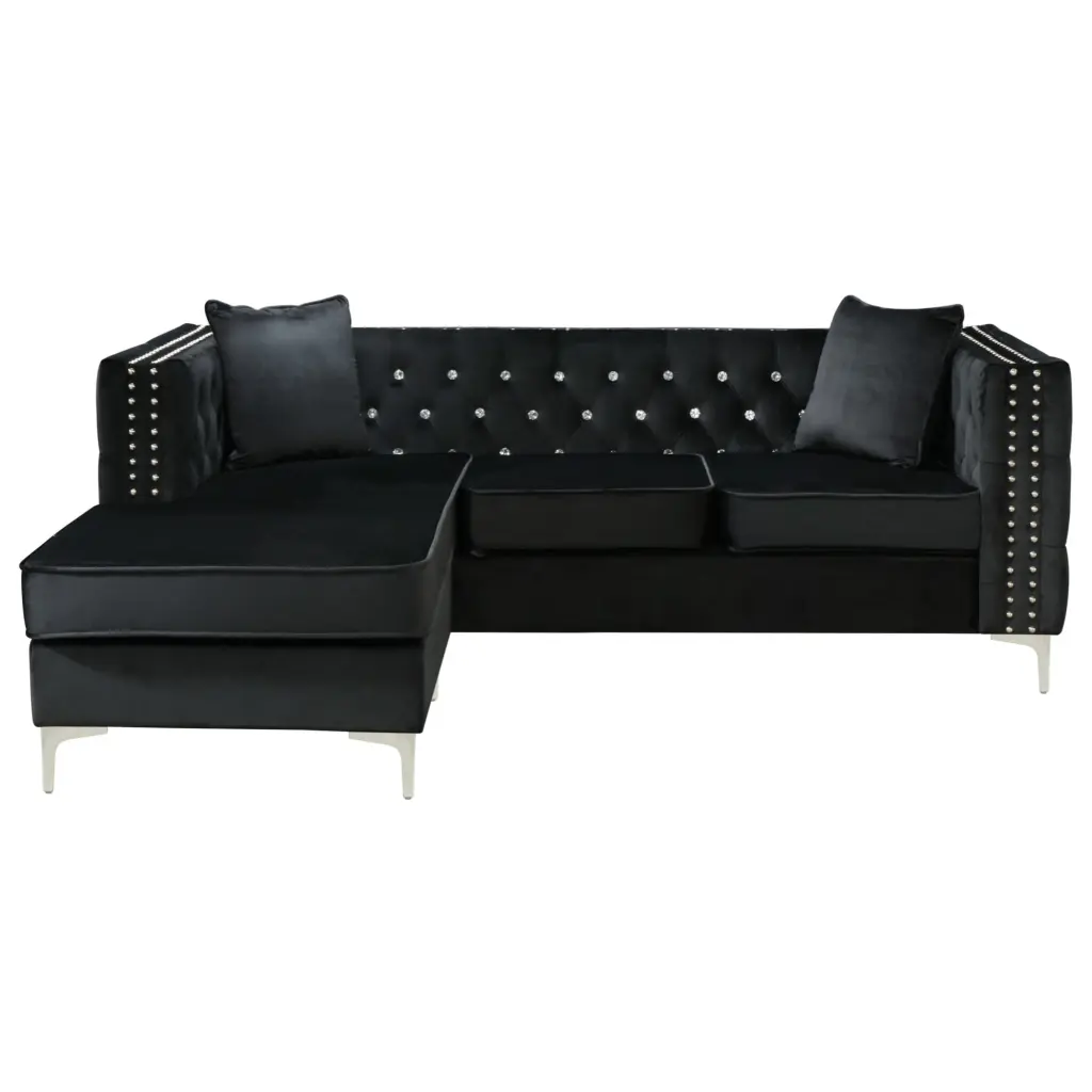 Passion Furniture Decorative Paige 87 Inch Black Tufted Velvet Sectional 2 Throw Pillows