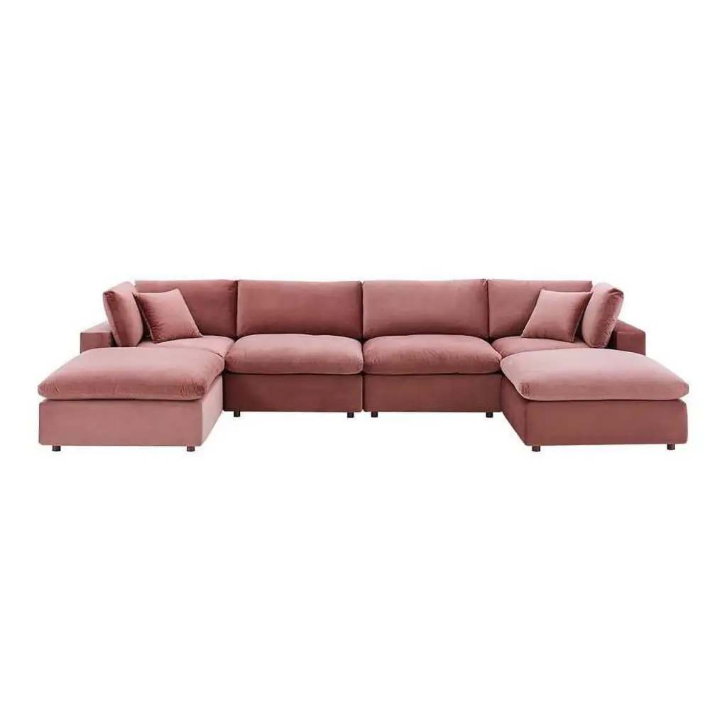 Pemberly Row 6-Piece Dusty Rose Pink Overstuffed Velvet Sectional Sofa