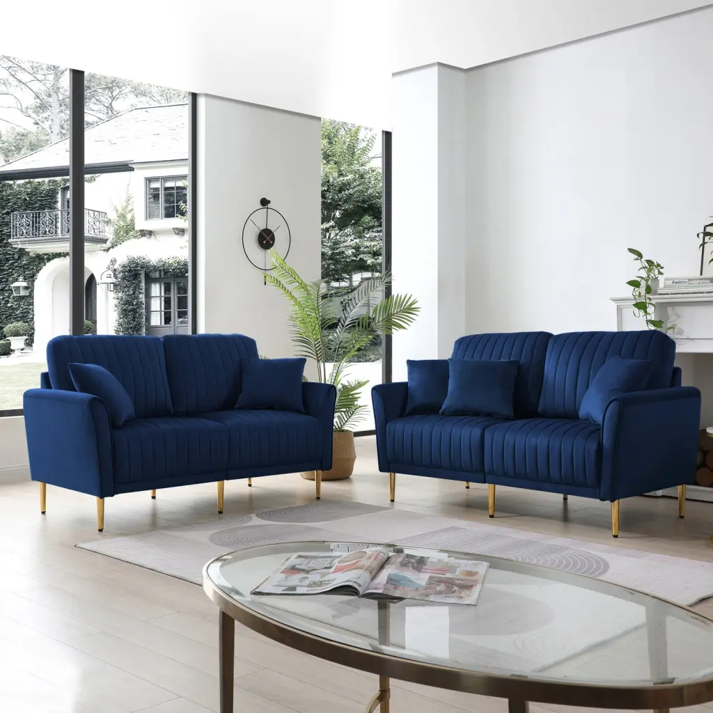 Blue Velvet 2-Piece Sectional Sofa Set Tufted Design and Sturdy Metal Legs Ponnky
