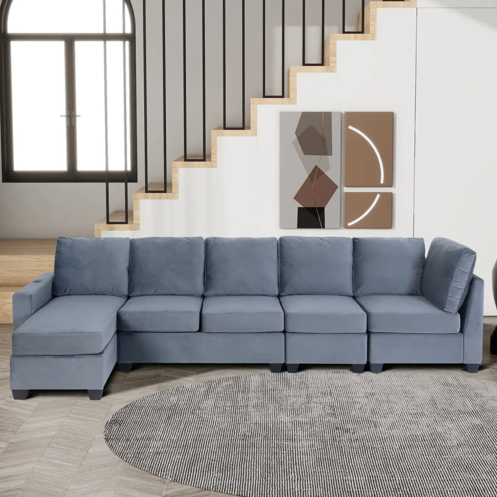 Modern L Shape Sectional Sofa 6-Seat Velvet Fabric Couch Convertible Chaise Lounge Grey Ponnky