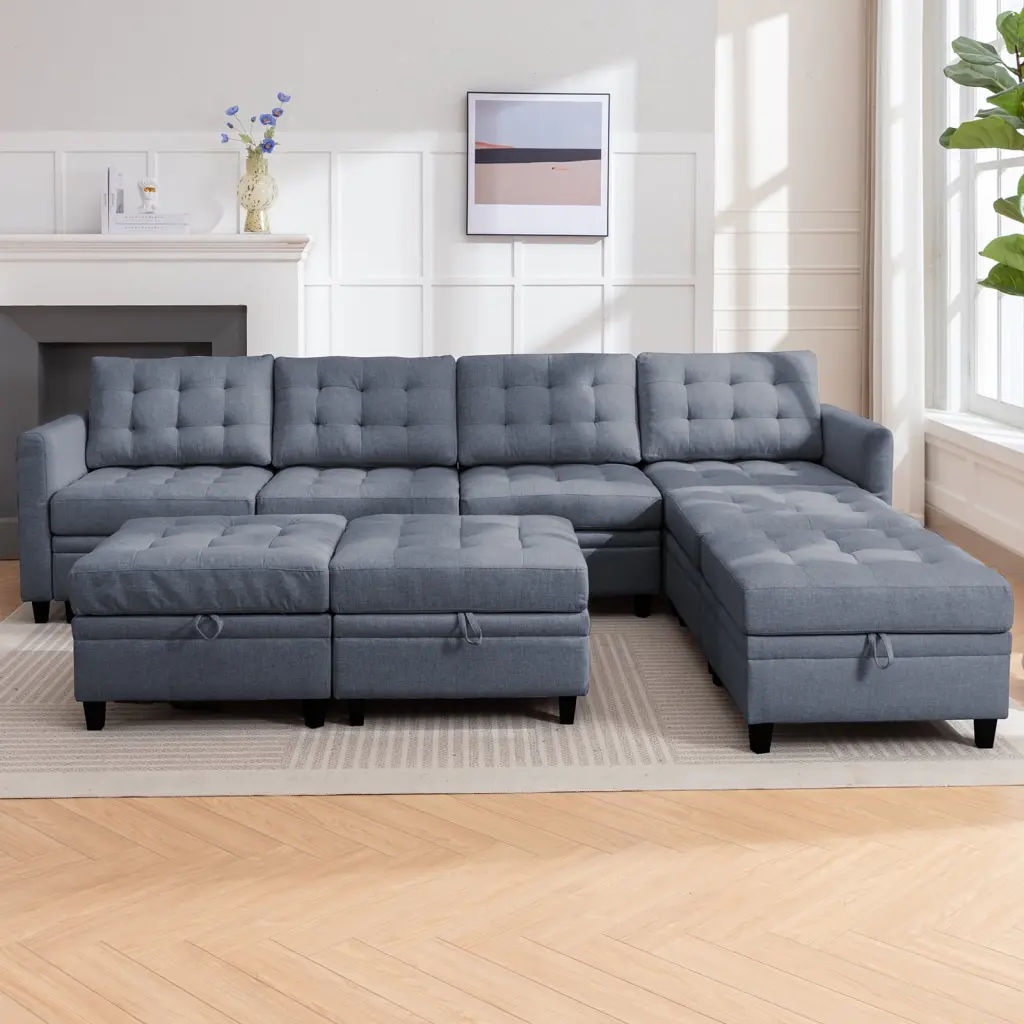 Puremind 8-Seater Modular Sectional Sofa Storage Velvet U Shaped Couch Reversible Chaises Sectional Sofa Ottomans Dark Gre...