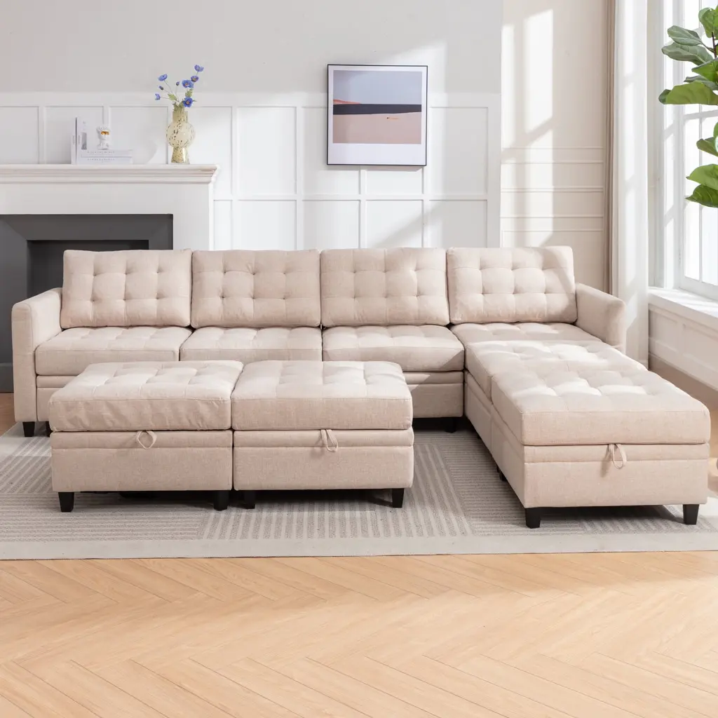 Puremind 8-Seater Modular Sectional Sofa Storage Velvet U Shaped Couch Reversible Chaises Sectional Sofa Ottomans Beige Pu...