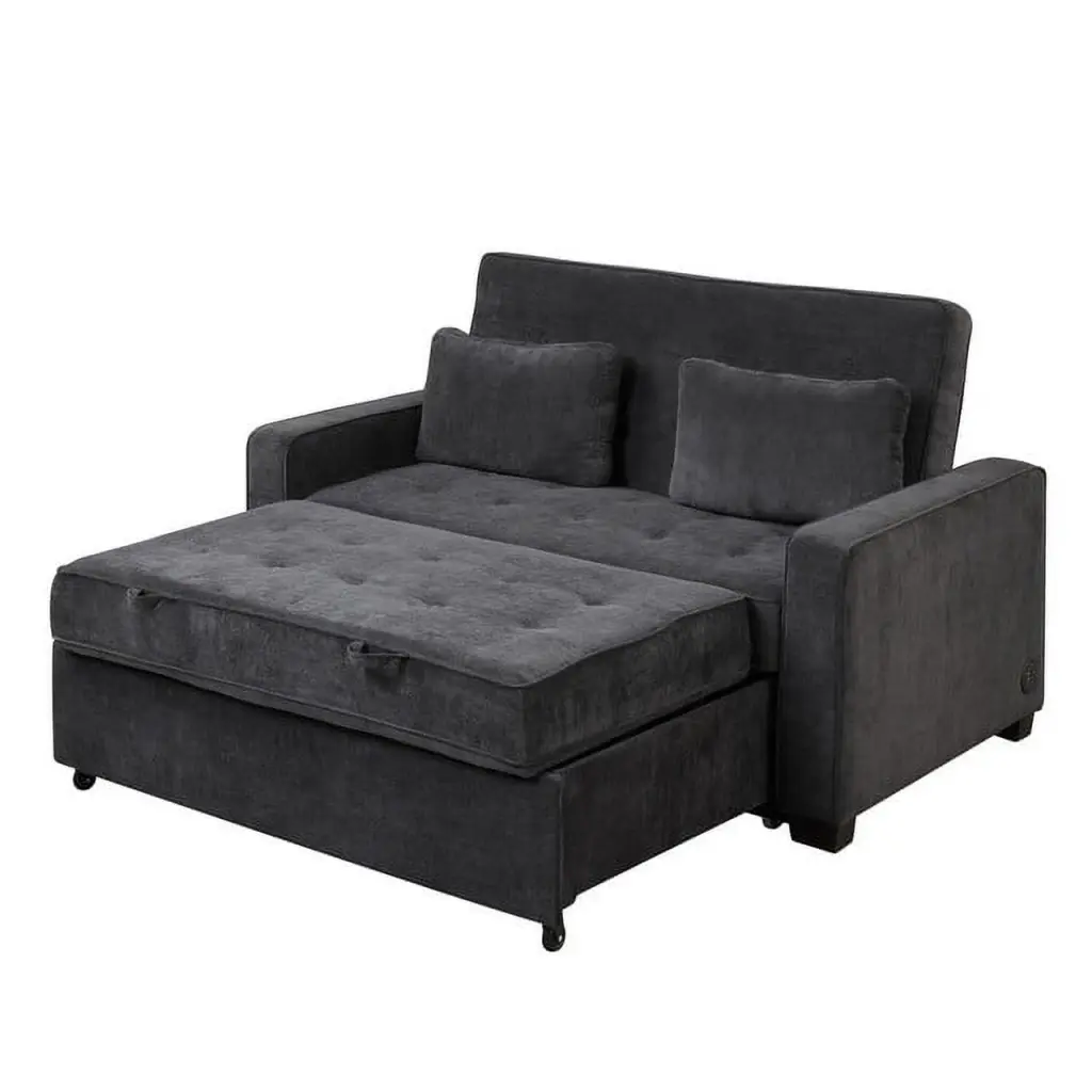 Black Velvet Upholstered Sleeper Sofa Bed Dual USB Charging Ports and Adjustable Backrest HATNOKIL