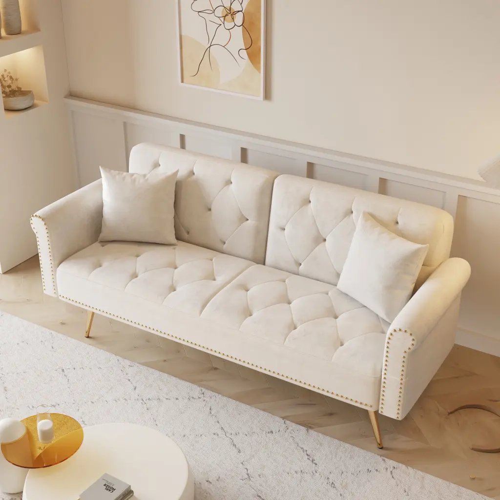 CoSoTower 69.7 Inch Beige Velvet Nail Head Sofa Bed Throw Pillow