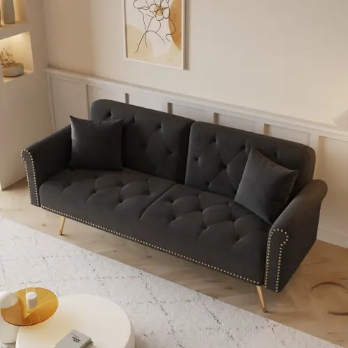 Goldmeet 69.7 Inch Black Velvet Nail Head Sofa Bed Throw Pillow