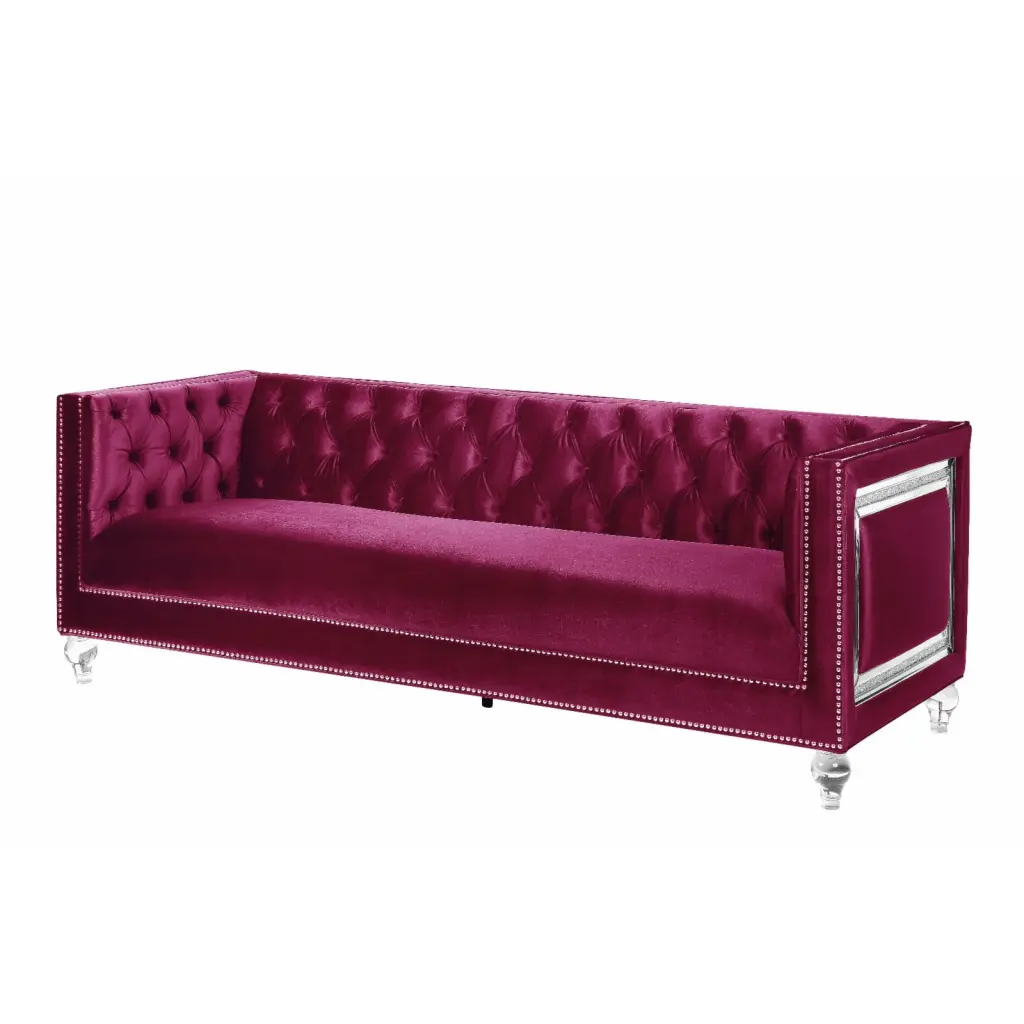 ACME Heibero Velvet Tufted Sofa 2 Pillows Burgundy Luxurious Living Room Acme Furniture