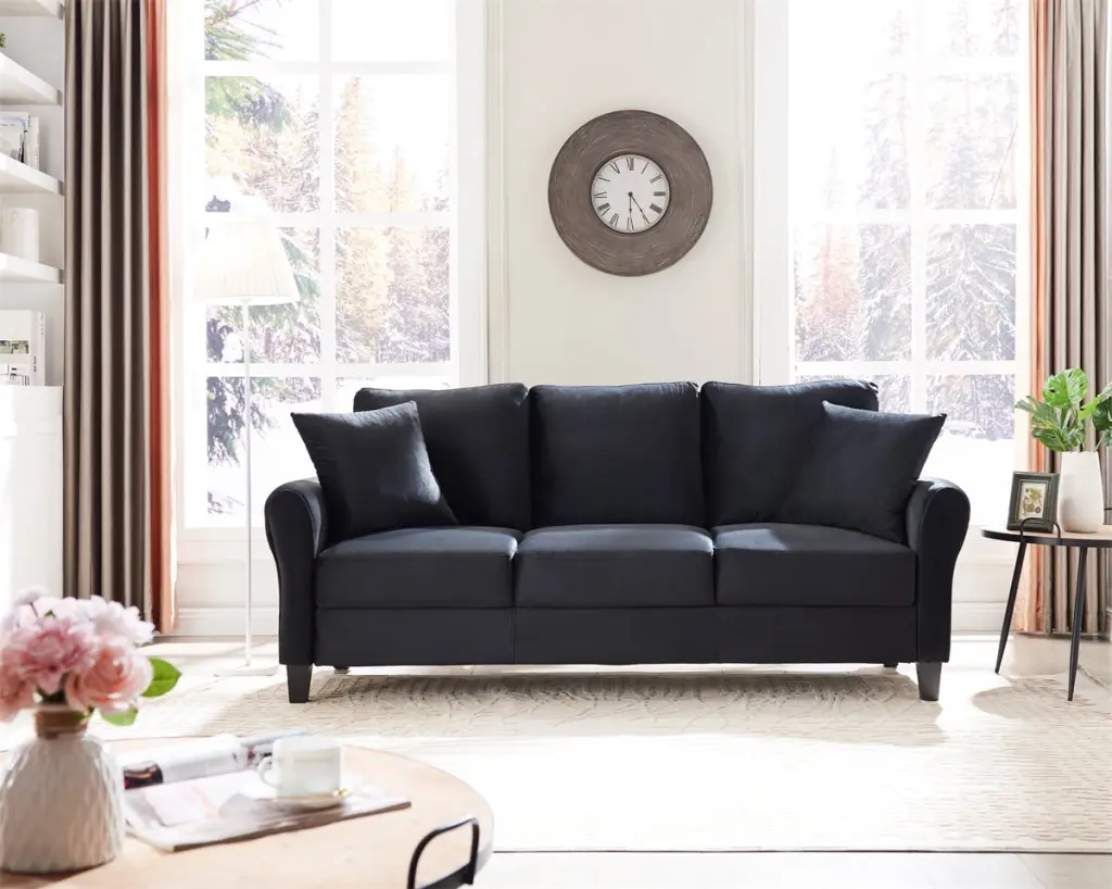 Modern Velvet 3-Seater Modular Sectional Couch Armrest and Pillows Black ARCTICSCORPION