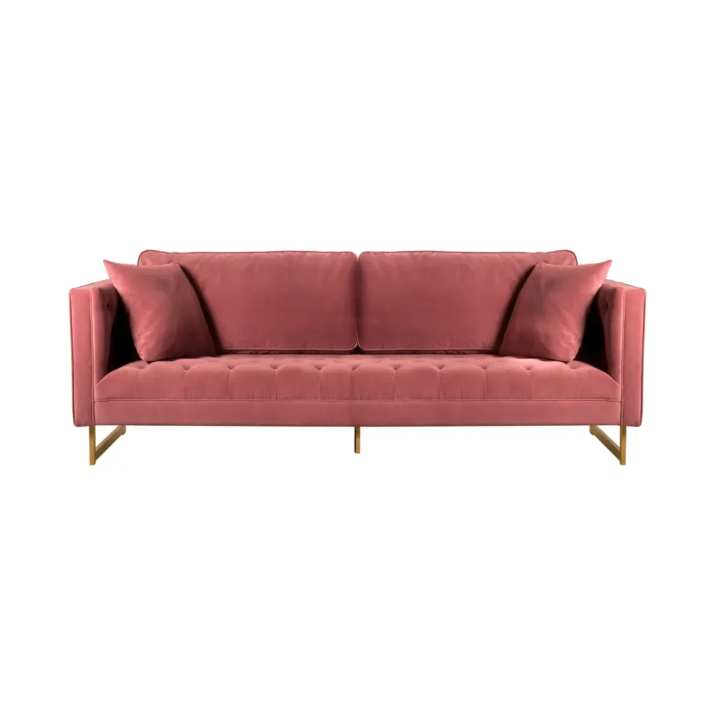 Lenox Pink Velvet Sofa Brass Legs and Square Arm Armen Living