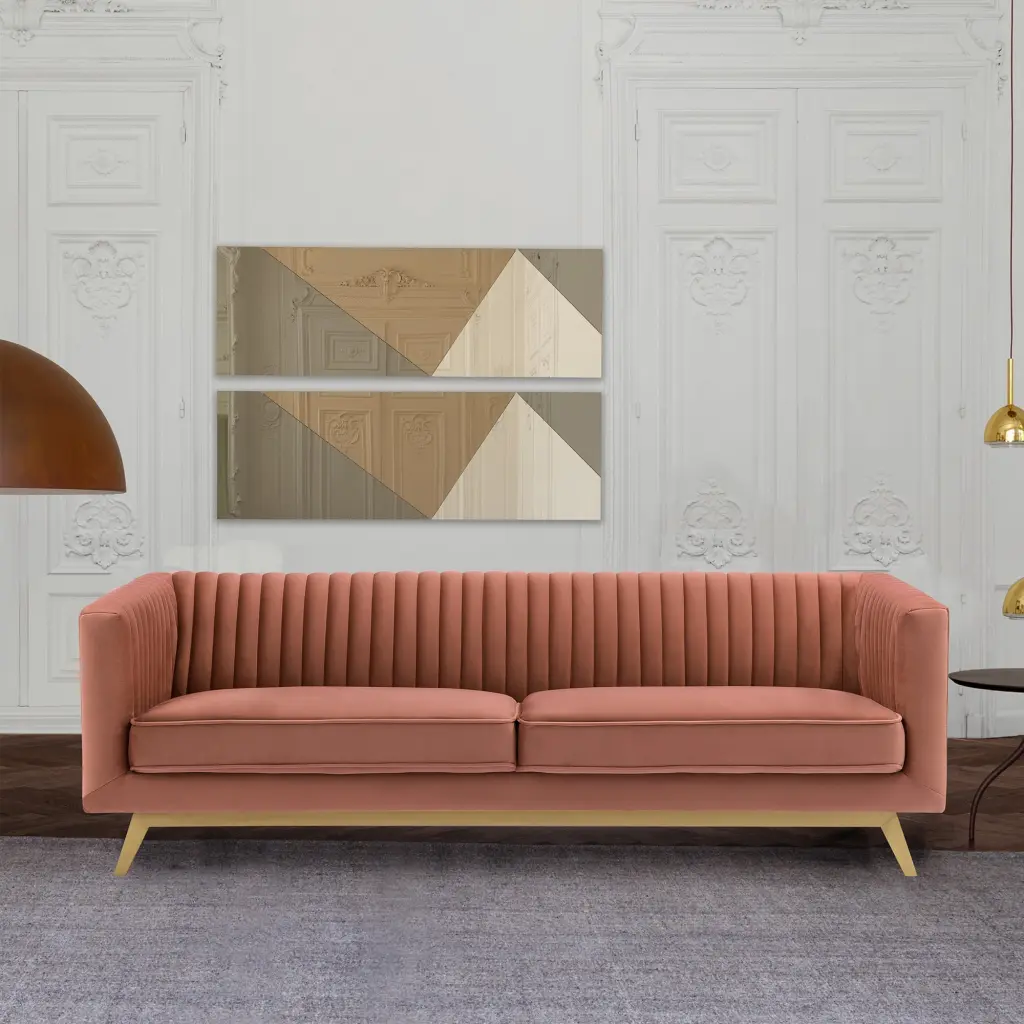 Liv Blush Pink Velvet Sofa Channel Quilting Living Room Armen Living