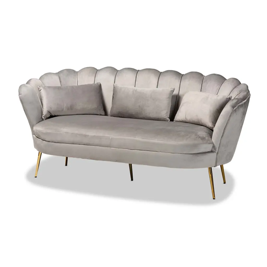 Baxton Studio Genia Gray Velvet Fabric Upholstered and Gold Metal Sofa