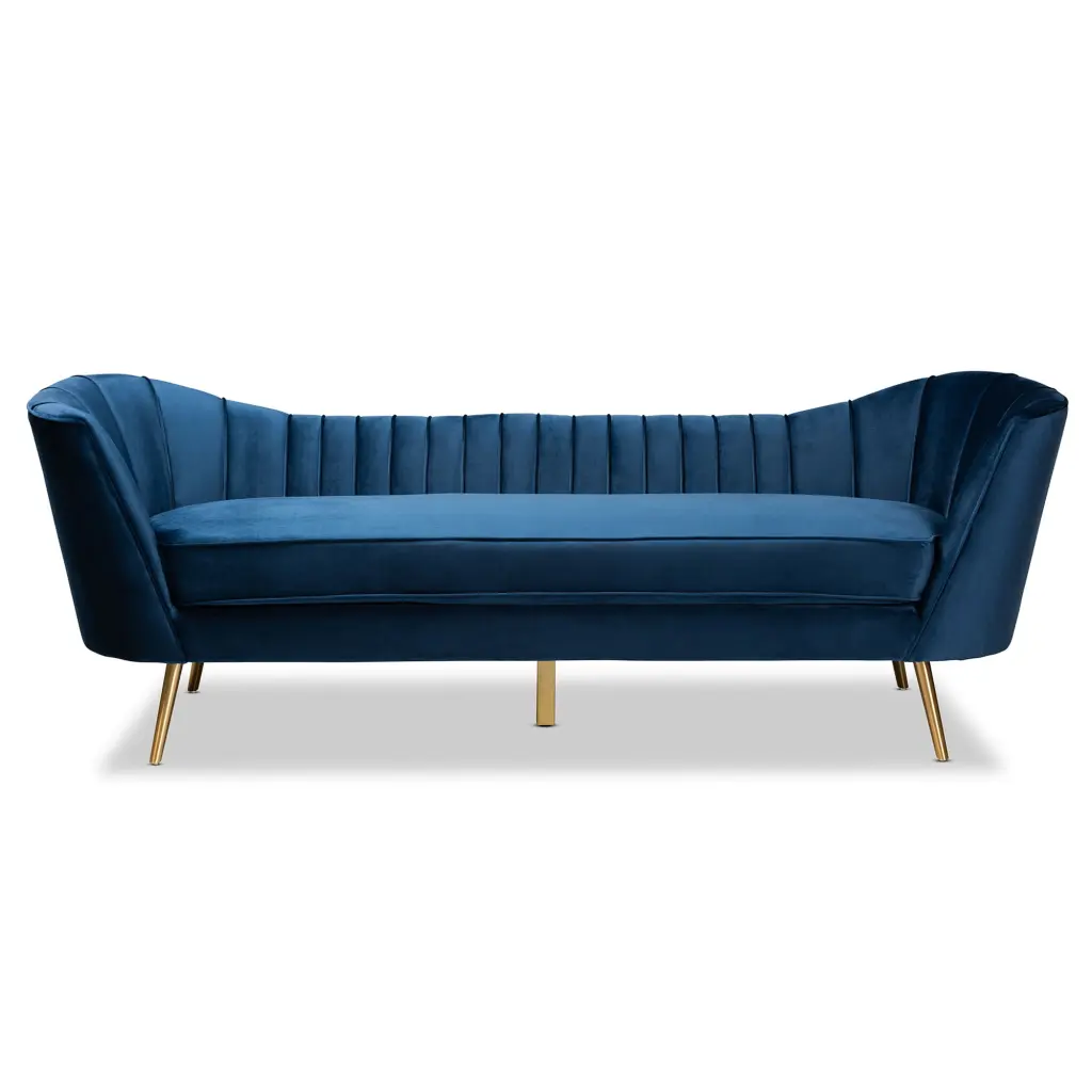 Baxton Studio Kailyn Blue Velvet Fabric Upholstered Gold Finished Sofa Living Room