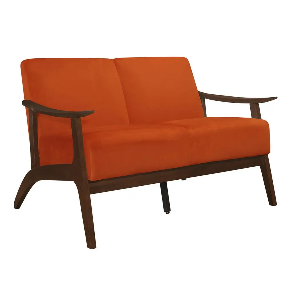 Benjara Rica 51 . Loveseat Curved Soft Velvet Solid Wood Orange & Walnut Brown