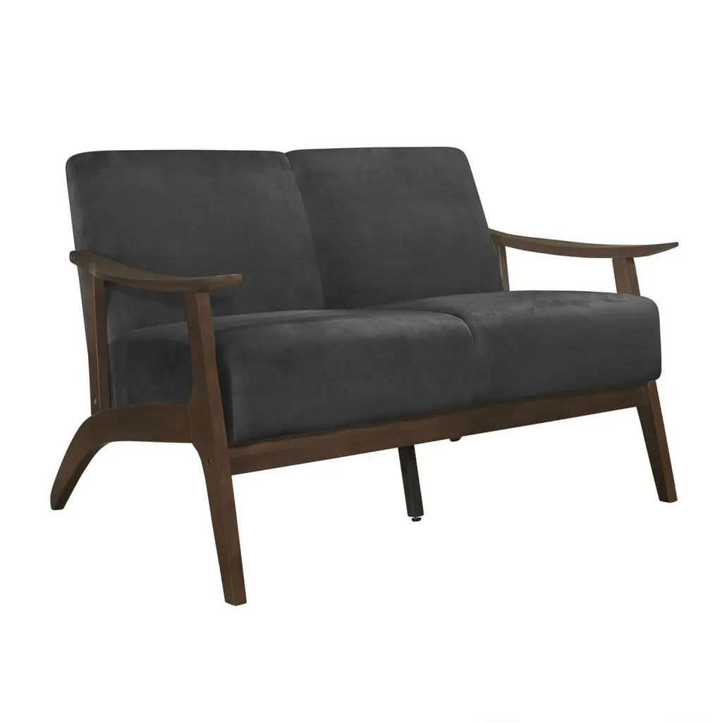 Benjara Rica 51 . Loveseat Curved Velvet Solid Wood Dark Grey & Walnut Brown